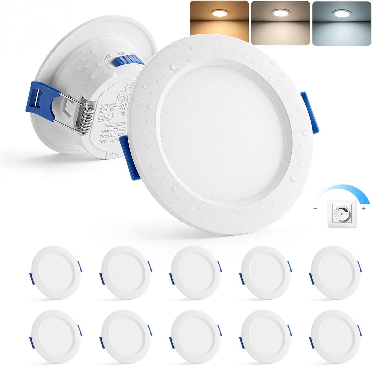 Led-inbouwspots, 230 V, dimbaar, 4 W, 55 mm - 68 mm gatgrootte, plafondspots, warmwit, 3000 K, neutraal wit, 4000 K, koudwit, 6000 K, IP44 spots, plafondlamp, plat, voor badkamer en keuken, set