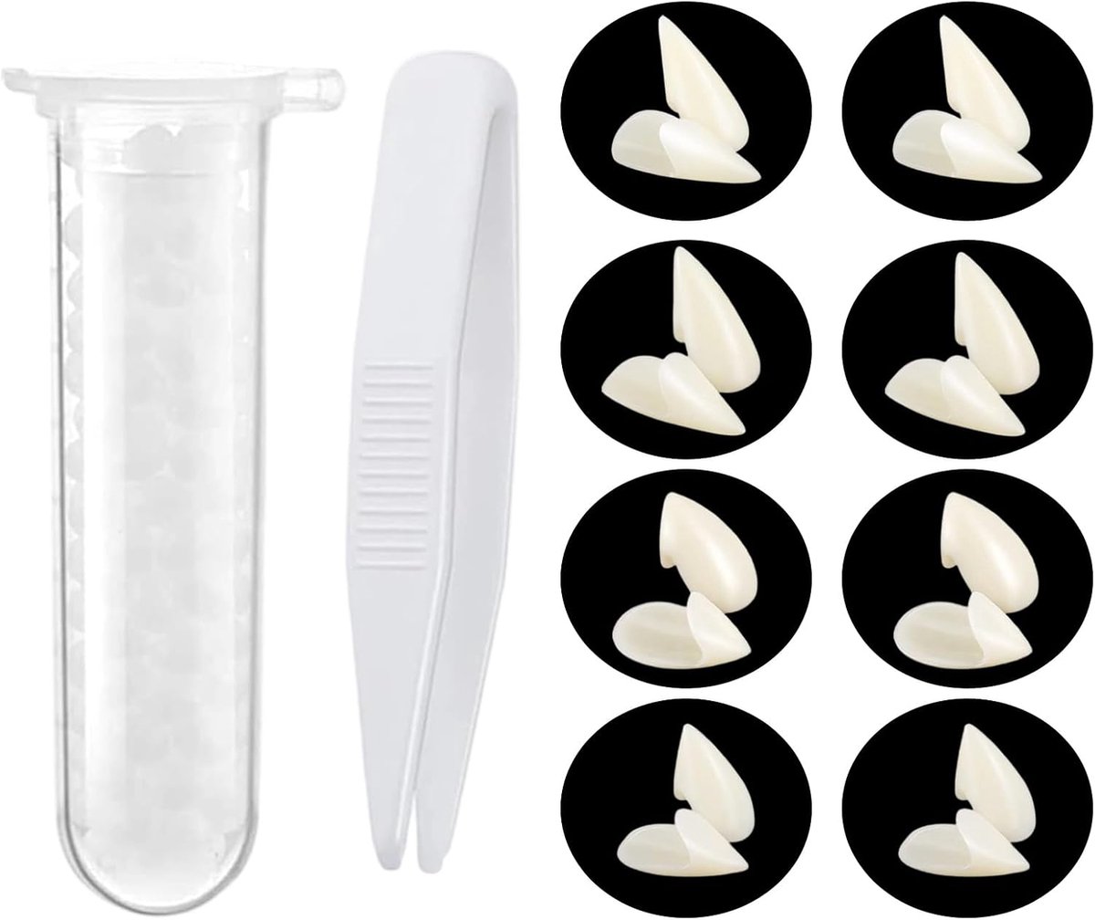 4 paar vampiertanden in 3 maten, met 1 tube sticker voor cosplay, party, Halloween, Pasen, rekwisieten