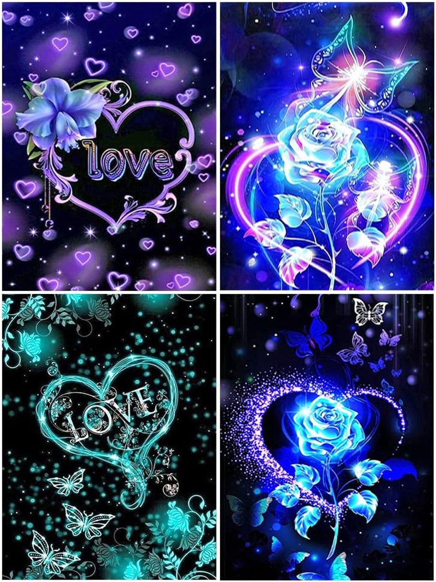 30 x 40 cm, set van 4 diamantschilderijen, rond, diamantschilderij, liefde, canvas, diamant, foto's, hart voor volwassenen, kristal, handwerk, interieur, kinderen, bloemen, fluorescerend