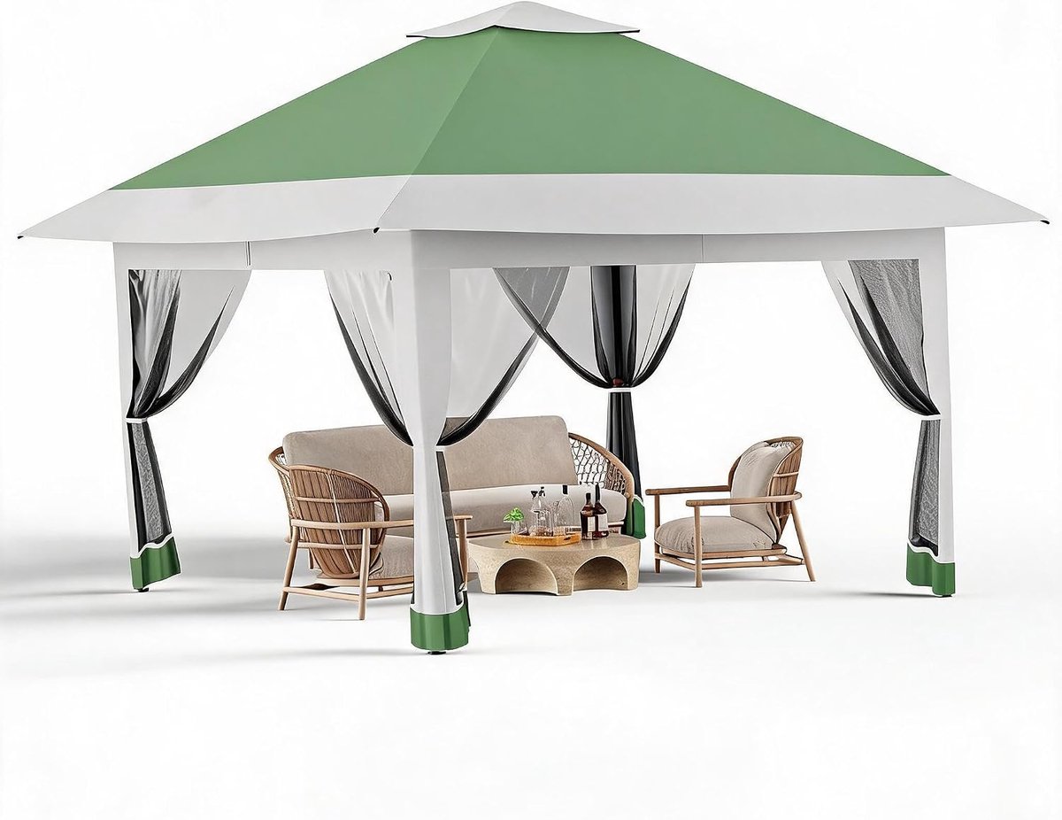 Paviljoen 3.6 x 3.6 m - Partytent met Dubbel Dak voor Ventilatie - Inclusief Gordijnen en Muggennet - UV-bestendig (UPF 50+) - Voor Tuin, Terras en Camping - Lichtgroen