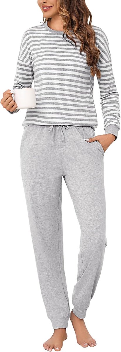 Damespyjama voor de winter, katoen, gestreept, lange pyjama met lange mouwen, nachtkleding, grote maten