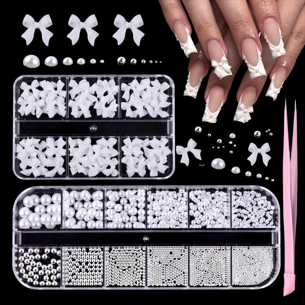 Sieraden, strik en platte kralen, witte nagelkunst bedels, witte halve kralen voor nagelsieraden, doe-het-zelf accessoires