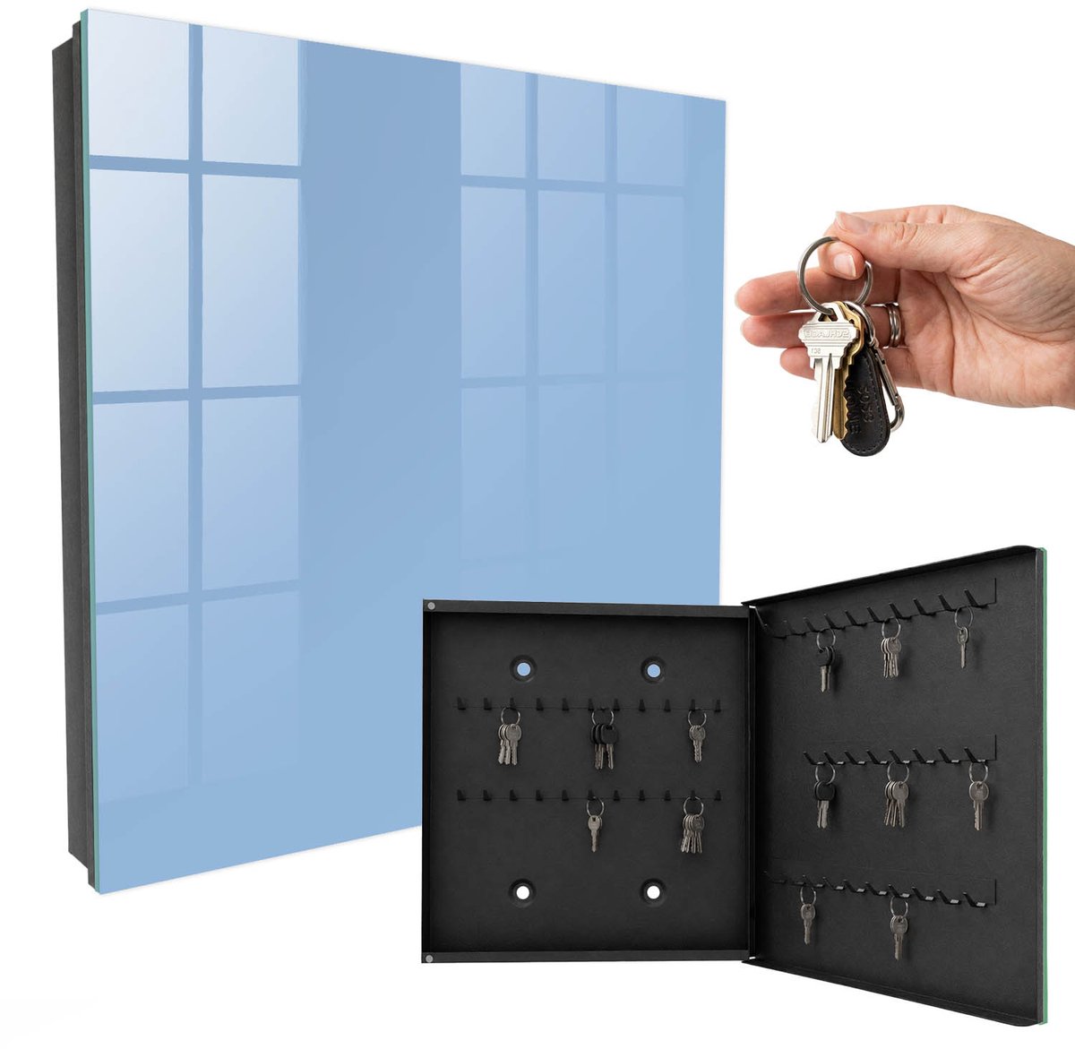 WallMuralia - Sleutelkast - 30x30x5 cm - met 50 haken - Babyblauw Sleutelkastje Klein - Blauw Sleutelbox - Rechtsopenend - Zwart interieur