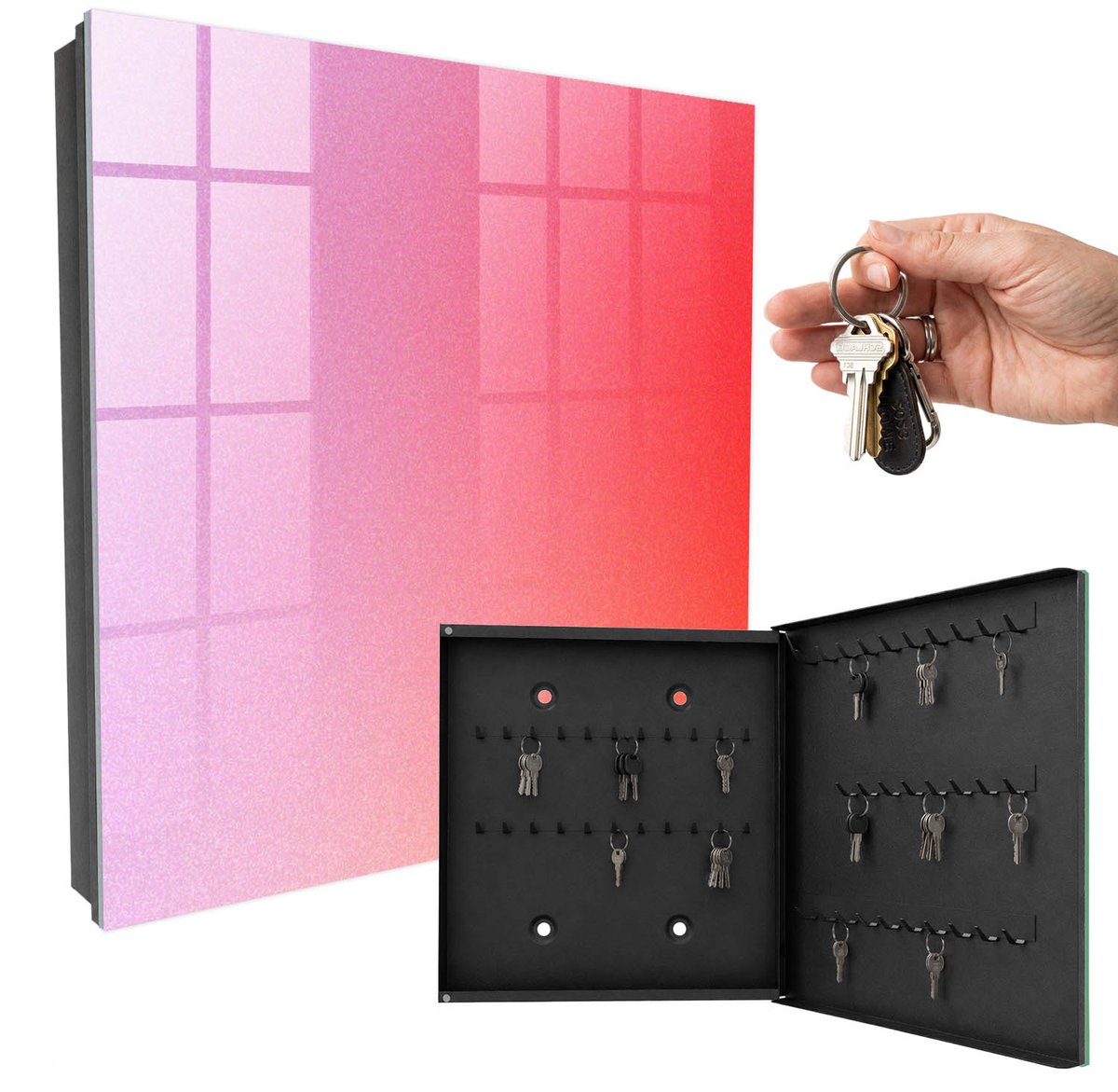 WallMuralia - Sleutelkast - 30x30x5 cm - met 50 haken - Kleurrijke Mist Sleutelkastje - Roze Sleutelbox - Rechtsopenend - Zwart interieur