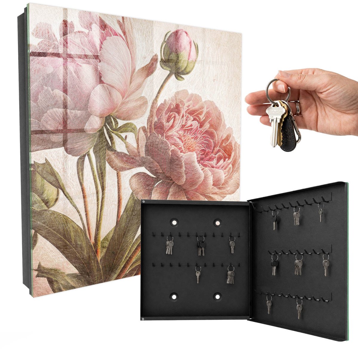 WallMuralia - Sleutelkast - 30x30x5 cm - met 50 haken - Romantische Plantkunde Sleutelkastje - Roze Sleutelbox - Rechtsopenend - Zwart interieur