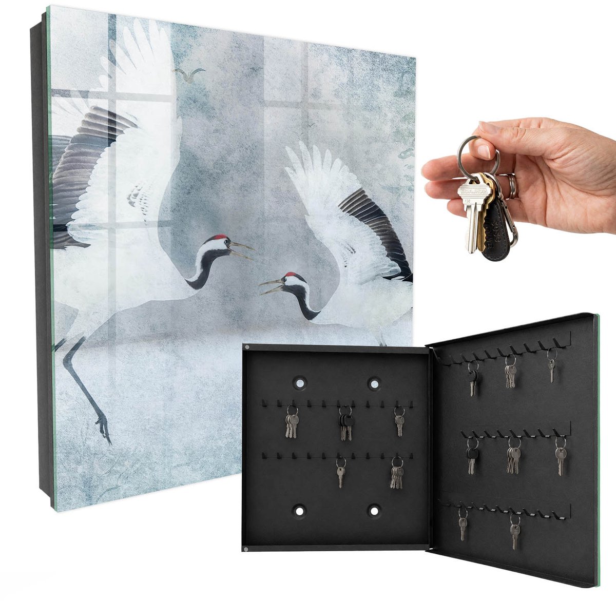 WallMuralia - Sleutelkast - 30x30x5 cm - met 50 haken - Kraanvogels In Vlucht Sleutelkastje Design - Wit Sleutelbox - Rechtsopenend - Zwart interieur