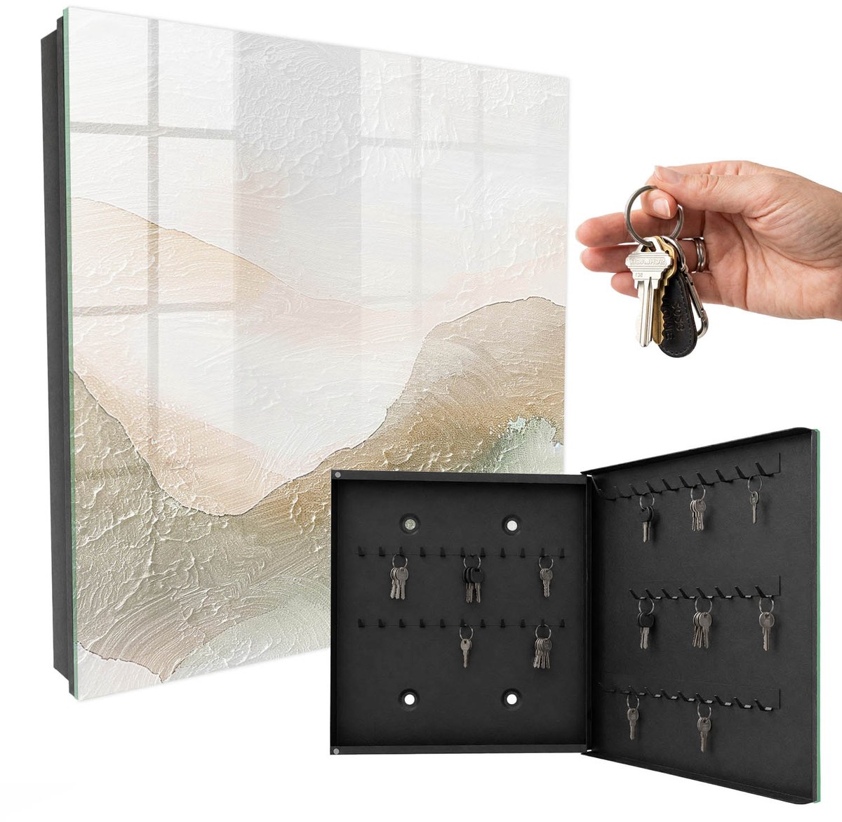 WallMuralia - Sleutelkast - 30x30x5 cm - met 50 haken - Harmonie Van De Natuur Sleutelkastje Huis - Beige Sleutelbox - Rechtsopenend - Zwart interieur