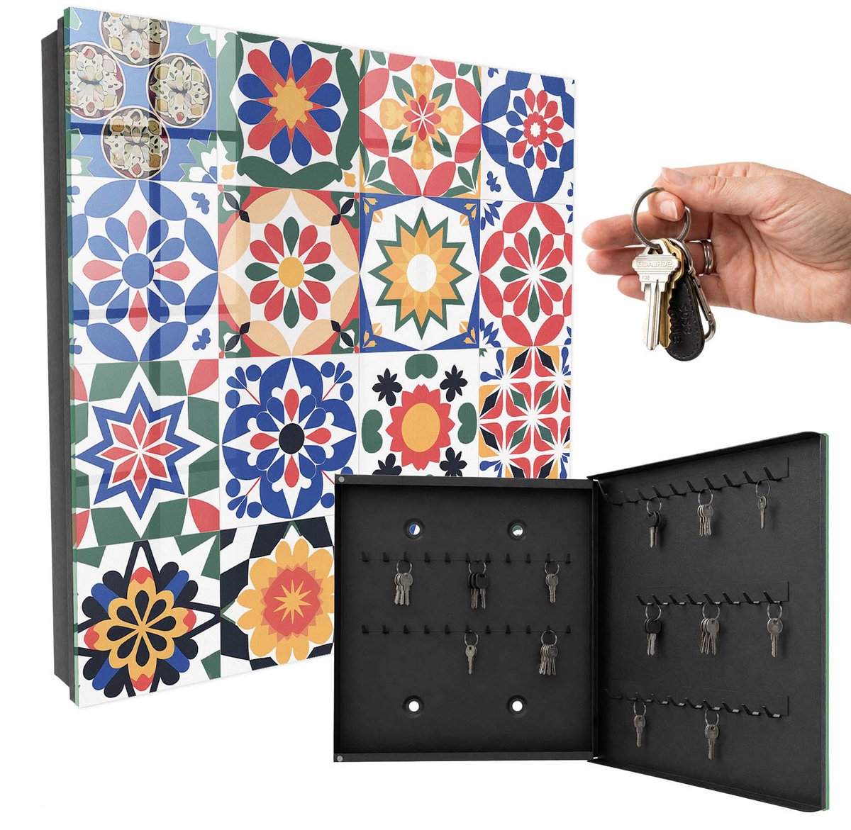 WallMuralia - Sleutelkast - 30x30x5 cm - met 50 haken - Bloemenmozaïek Sleutelkastje Landelijk - Blauw Sleutelbox - Rechtsopenend - Zwart interieur