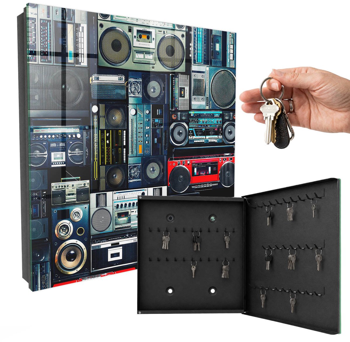 WallMuralia - Sleutelkast - 30x30x5 cm - met 50 haken - Muzikale Passie Sleutelkastje Huis - Blauw Sleutelbox - Rechtsopenend - Zwart interieur