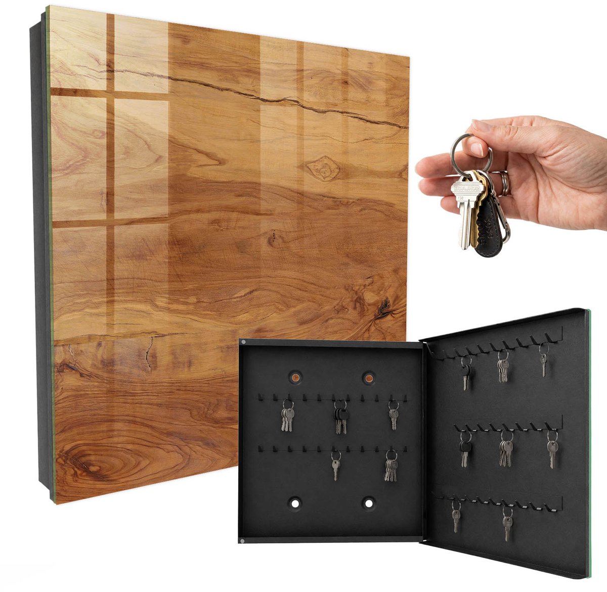 WallMuralia - Sleutelkast - 30x30x5 cm - met 50 haken - Houtstructuur Sleutelkastje Landelijk - Bruin Sleutelbox - Rechtsopenend - Zwart interieur