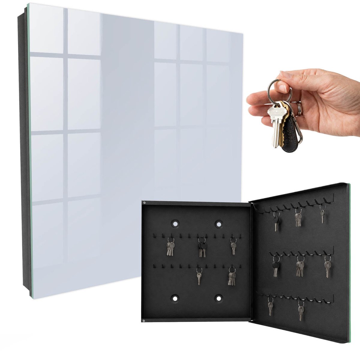 WallMuralia - Sleutelkast - 30x30x5 cm - met 50 haken - Grijsblauw Sleutelkastje Gang - Grijs Sleutelbox - Rechtsopenend - Zwart interieur
