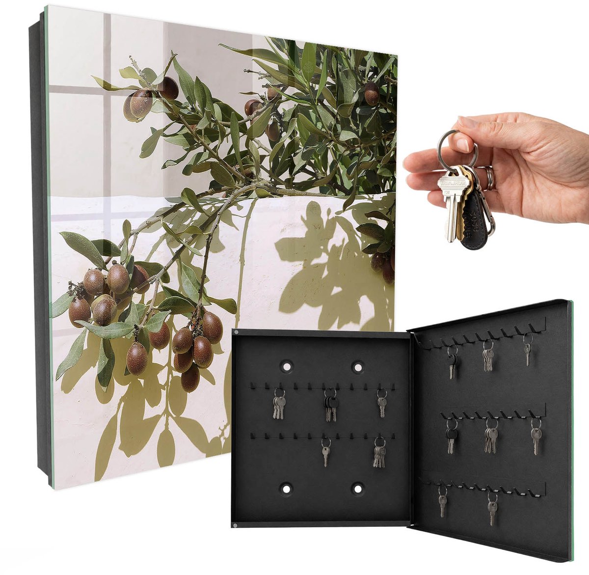 WallMuralia - Sleutelkast - 30x30x5 cm - met 50 haken - Olijftak Sleutelkastje Klein - Groente Sleutelbox - Rechtsopenend - Zwart interieur