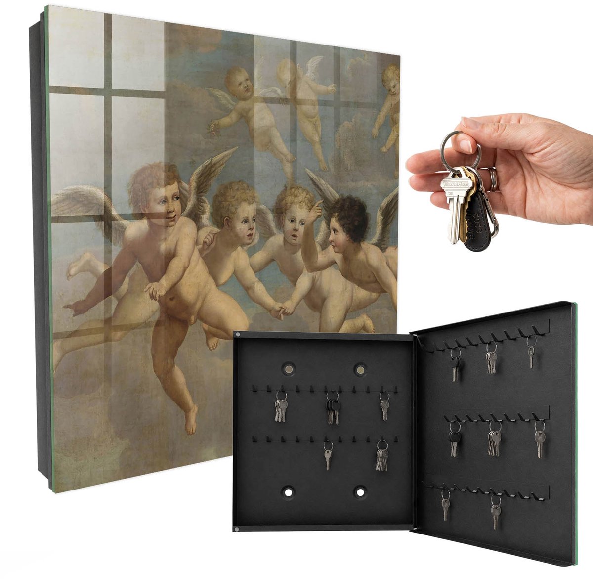 WallMuralia - Sleutelkast - 30x30x5 cm - met 50 haken - Vliegende Engelen Putti Barokschilderij Leuk Sleutelkastje - Beige Sleutelbox - Rechtsopenend - Zwart interieur