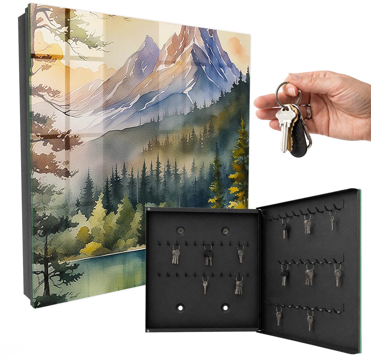 WallMuralia - Sleutelkast - 30x30x5 cm - met 50 haken - Berglandschap Sleutelkastje Design - Groente Sleutelbox - Rechtsopenend - Zwart interieur