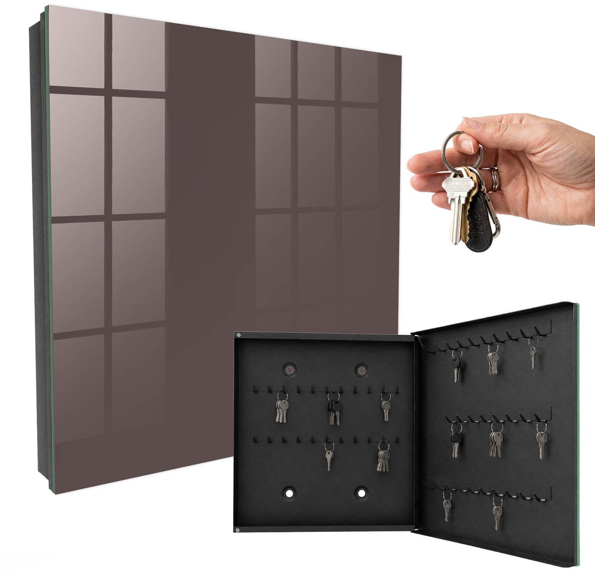 WallMuralia - Sleutelkast - 30x30x5 cm - met 50 haken - Vervaagd Bruin Sleutelkastje Industrieel - Bruin Sleutelbox - Rechtsopenend - Zwart interieur