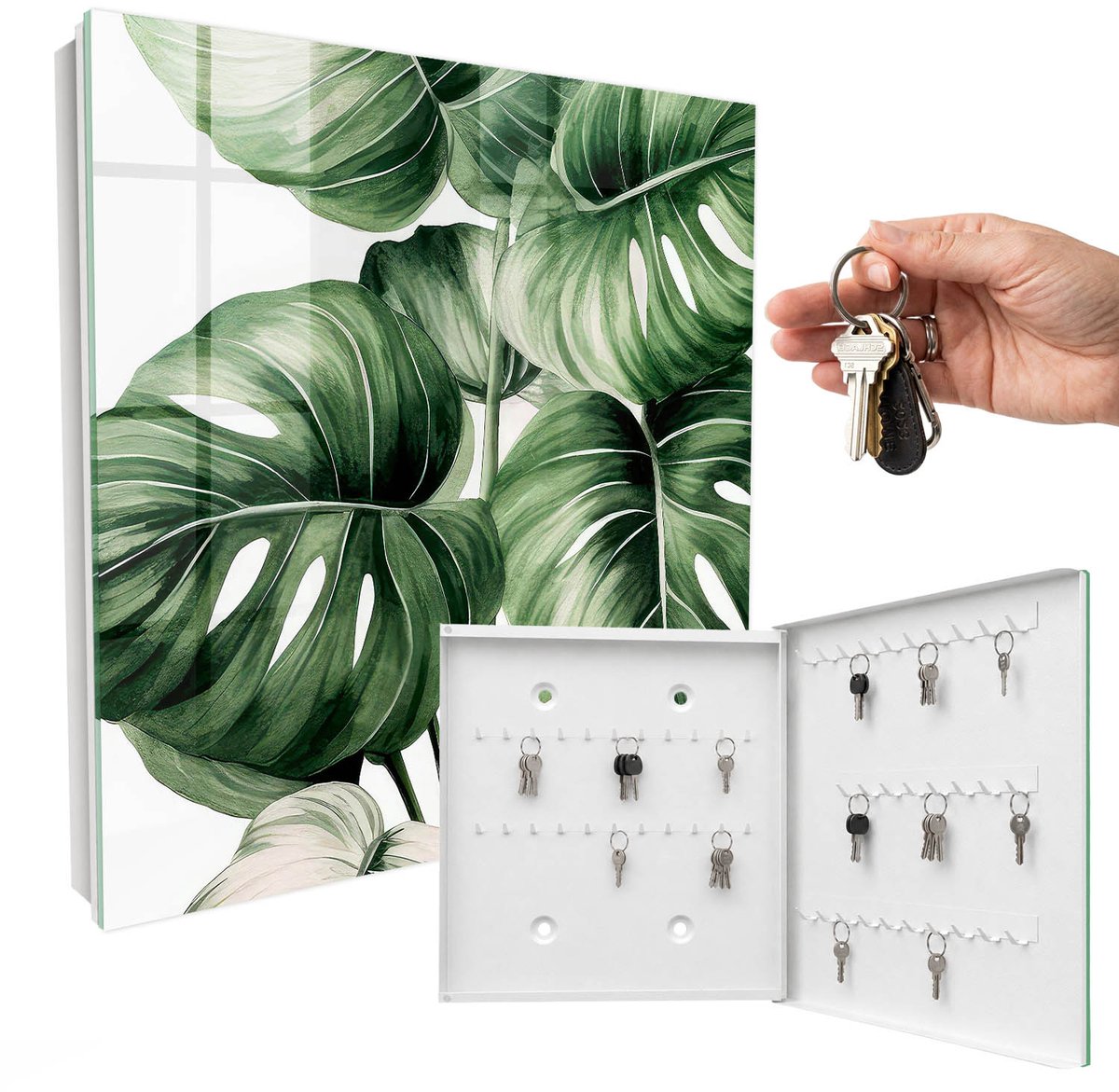 WallMuralia - Sleutelkast - 30x30x5 cm - met 50 haken - Groene Bladeren Sleutelkastje Voor Binnen - Groente Sleutelbox - Rechtsopenend - Wit interieur