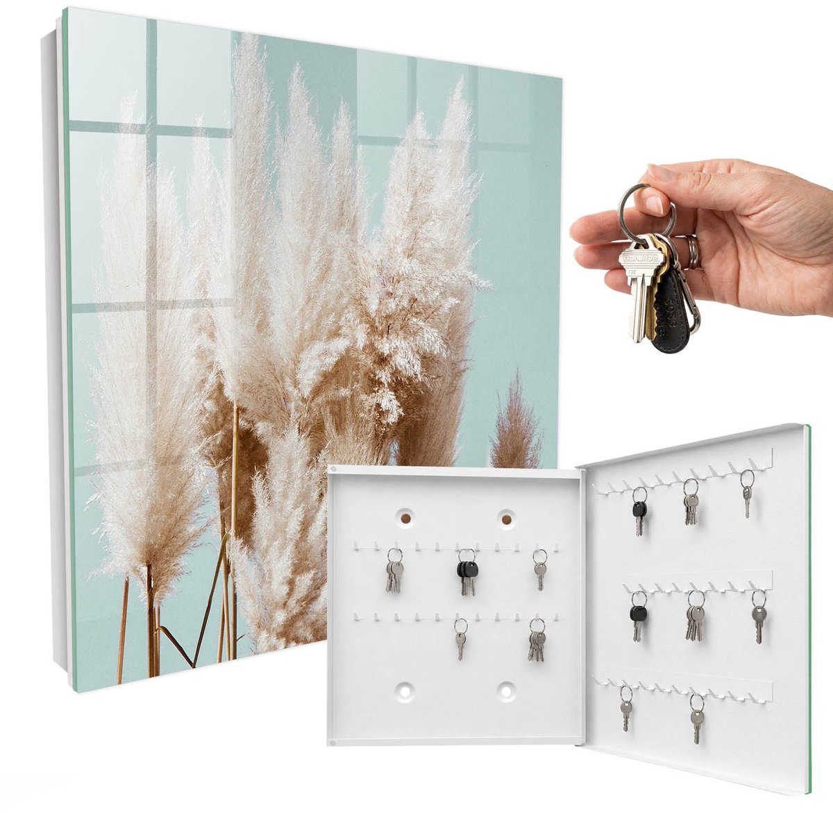 WallMuralia - Sleutelkast - 30x30x5 cm - met 50 haken - Natuurlijke Charme Groot Sleutelkastje - Romig Sleutelbox - Rechtsopenend - Wit interieur