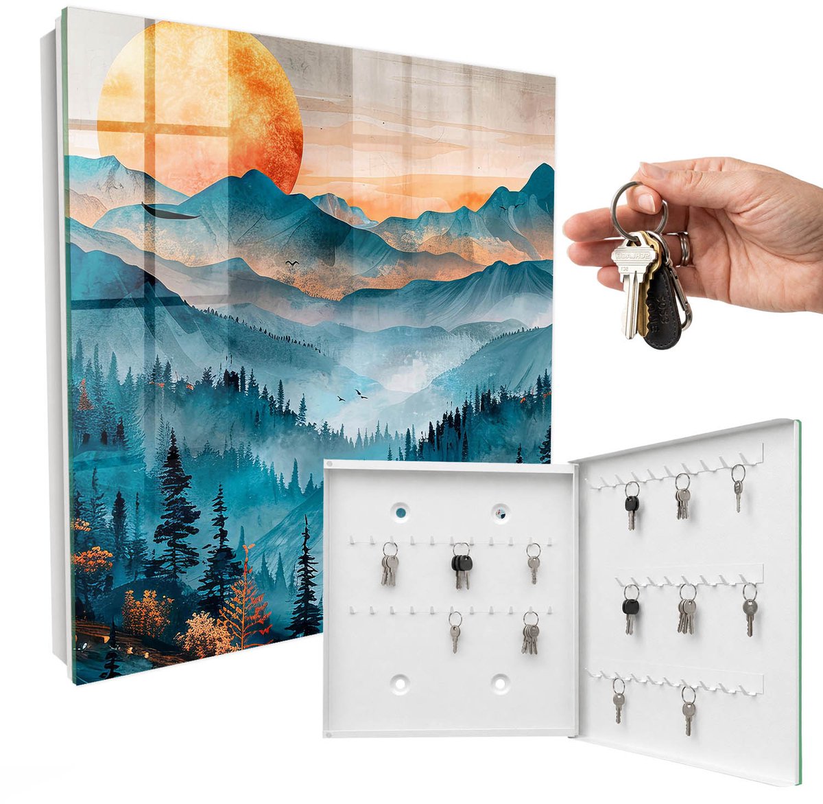 WallMuralia - Sleutelkast - 30x30x5 cm - met 50 haken - Bergachtig Westen Sleutelkastje Binnen - Turkoois Sleutelbox - Rechtsopenend - Wit interieur