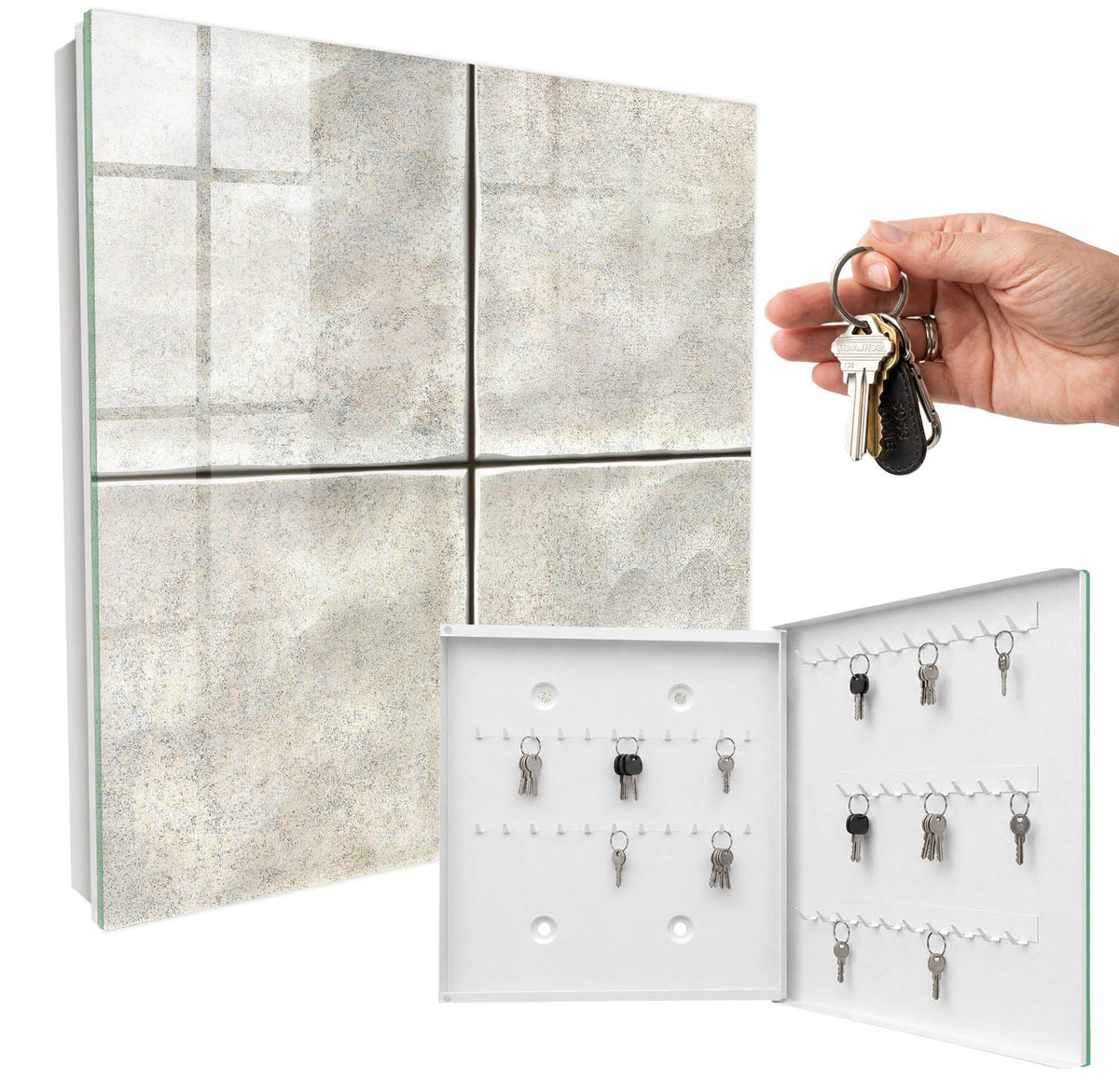 WallMuralia - Sleutelkast - 30x30x5 cm - met 50 haken - Beige Tegels Sleutelkastje Muur - Beige Sleutelbox - Rechtsopenend - Wit interieur