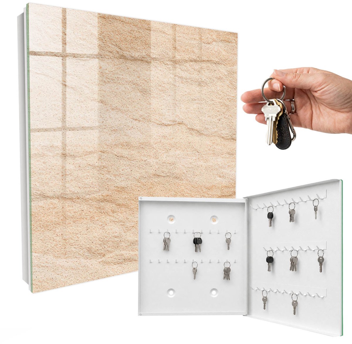 WallMuralia - Sleutelkast - 30x30x5 cm - met 50 haken - Steenstructuur Sleutelkastje Huis - Beige Sleutelbox - Rechtsopenend - Wit interieur