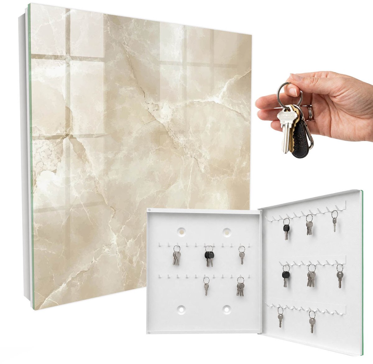 WallMuralia - Sleutelkast - 30x30x5 cm - met 50 haken - Beige Marmer Leuk Sleutelkastje - Beige Sleutelbox - Rechtsopenend - Wit interieur