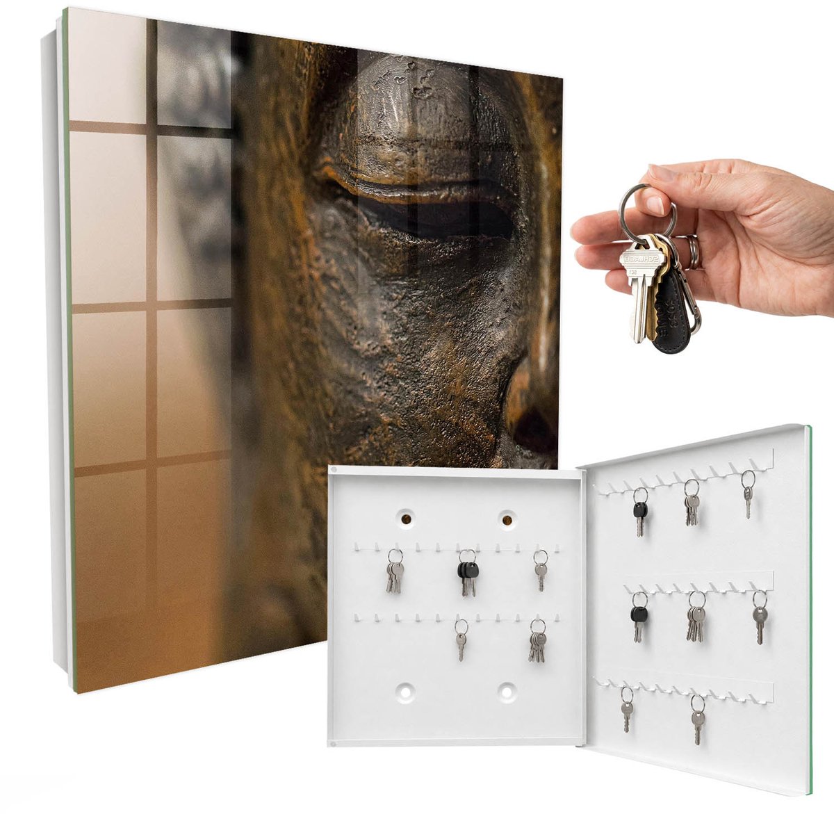 WallMuralia - Sleutelkast - 30x30x5 cm - met 50 haken - Stille Elegantie Groot Sleutelkastje - Bruin Sleutelbox - Rechtsopenend - Wit interieur