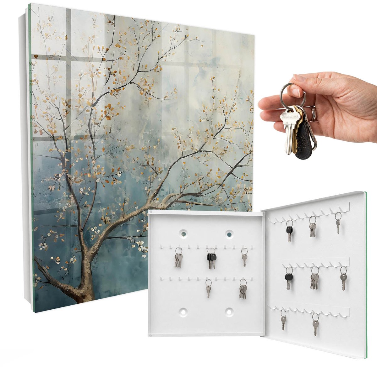 WallMuralia - Sleutelkast - 30x30x5 cm - met 50 haken - Ontspanning In De Natuur Sleutelkastje Landelijk - Blauw Sleutelbox - Rechtsopenend - Wit interieur