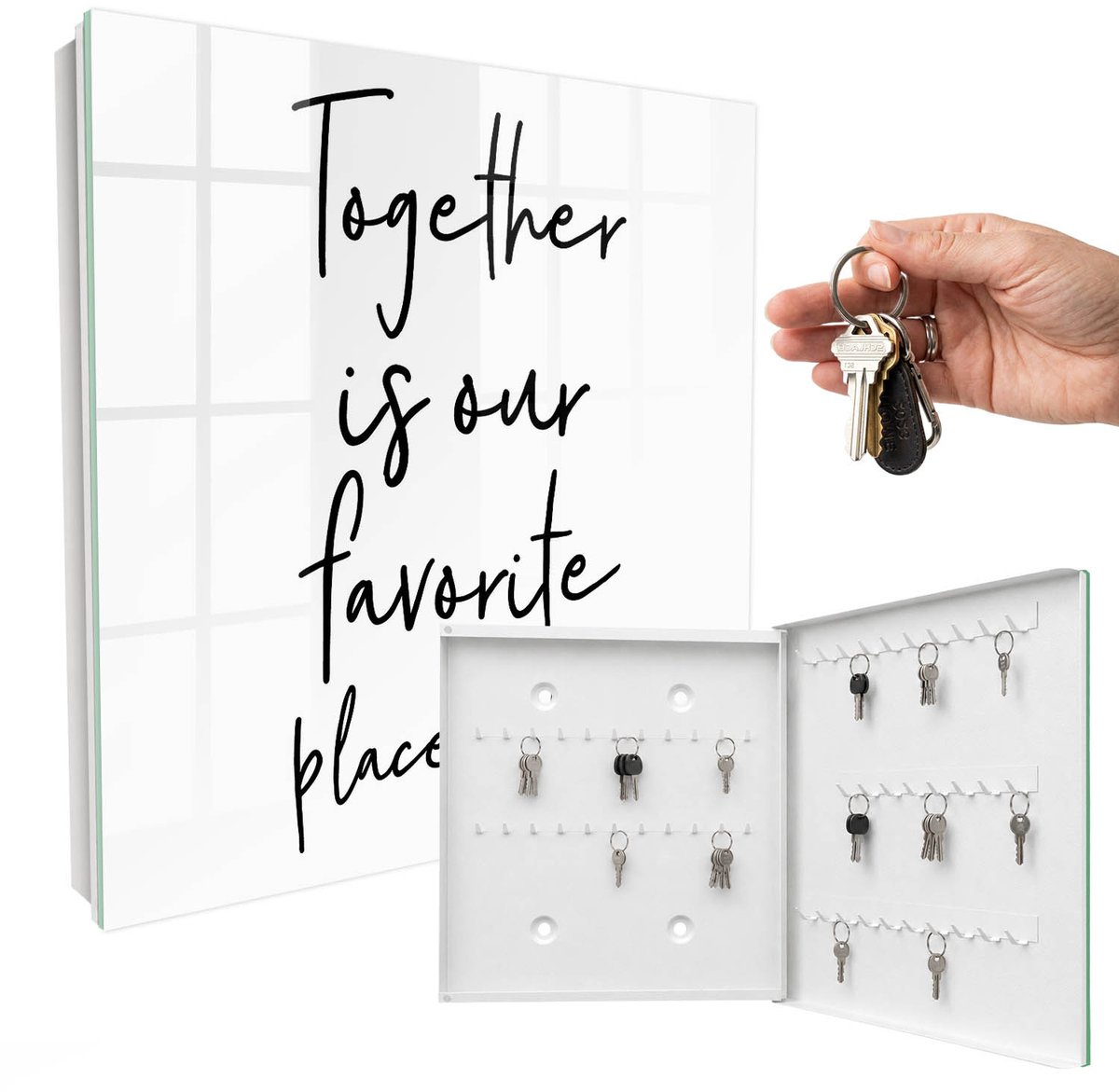 WallMuralia - Sleutelkast - 30x30x5 cm - met 50 haken - Samen Zijn Is Onze Favoriete Plek. Sleutelkastje Klein - Zwart-Wit Sleutelbox - Rechtsopenend - Wit interieur