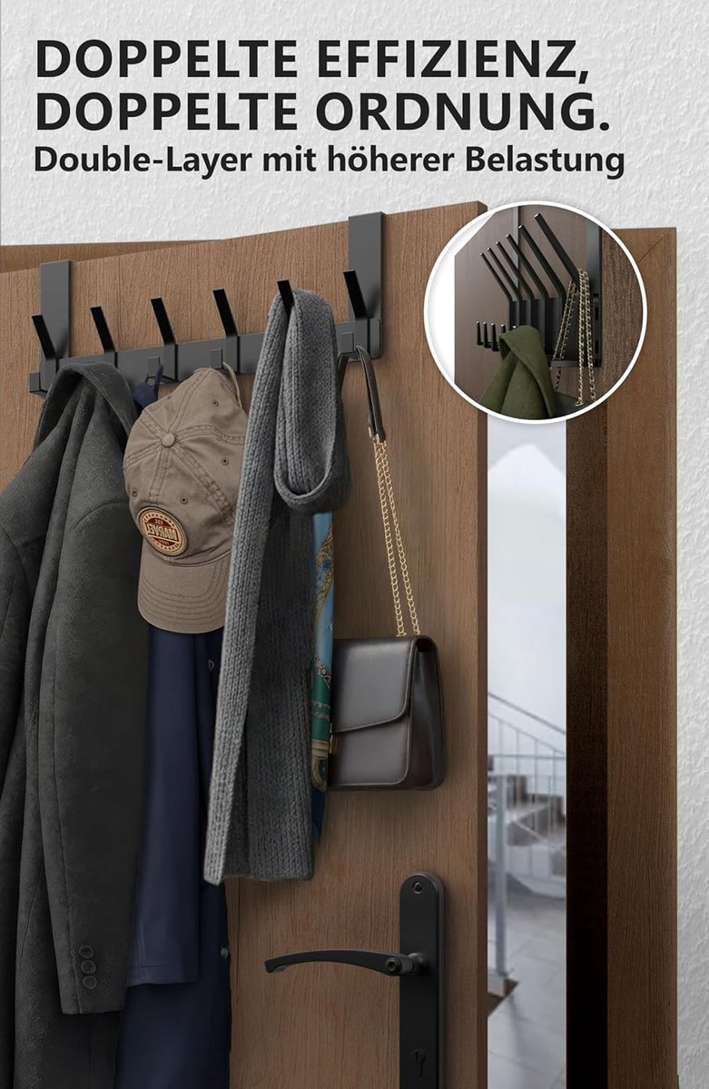 Deurhaken met 12 haken - geen klapperen, kledinghaak voor deuren - sluit perfect, deurhaaklijst voor de hele woning, voor woonkamer en hal, zwart