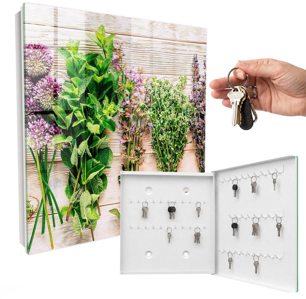 WallMuralia - Sleutelkast - 30x30x5 cm - met 50 haken - Groene Kruiden Sleutelkastje - Groente Sleutelbox - Rechtsopenend - Wit interieur