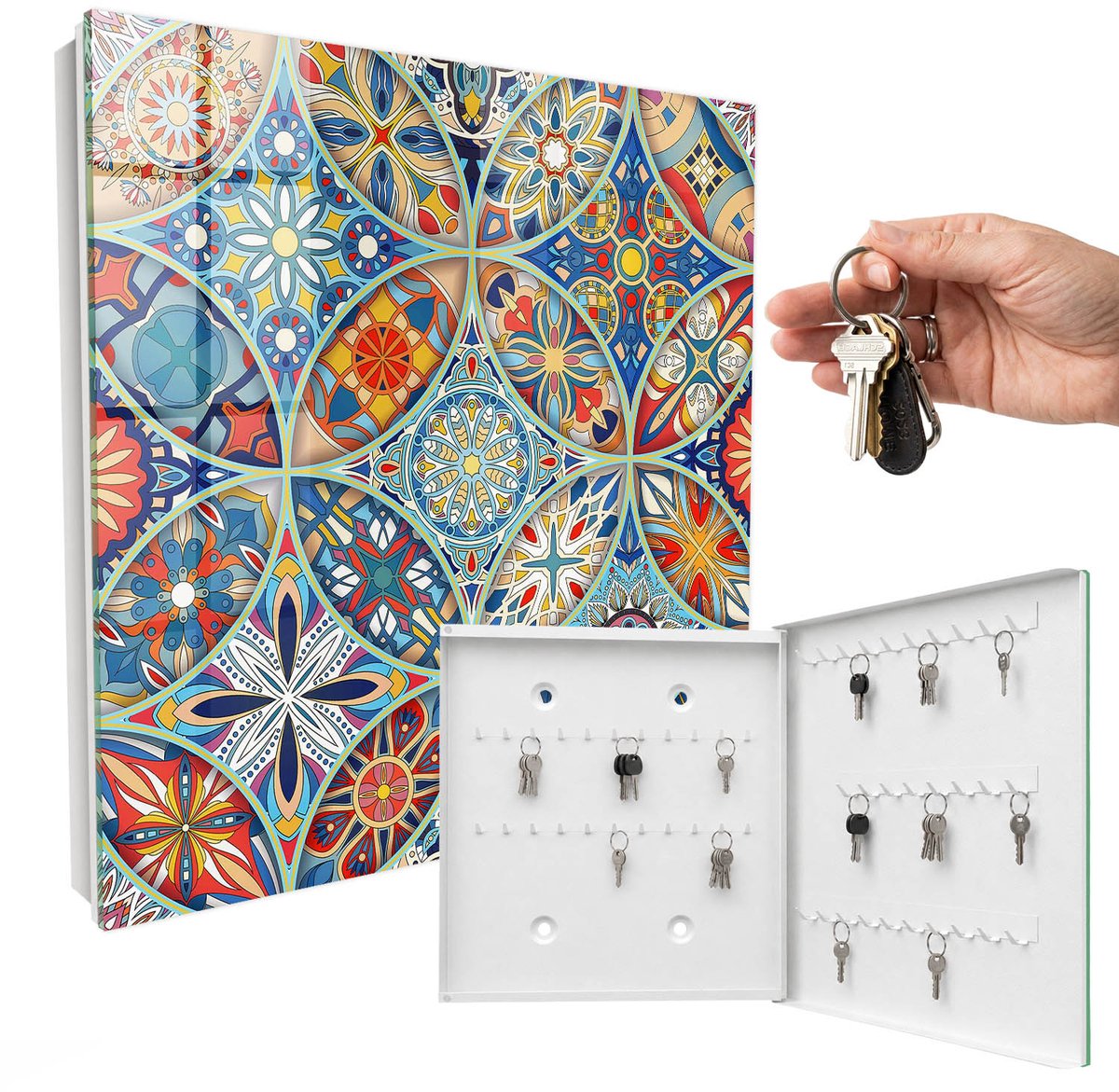 WallMuralia - Sleutelkast - 30x30x5 cm - met 50 haken - Kleurrijk Mozaïek Sleutelkastje Gang - Blauw Sleutelbox - Rechtsopenend - Wit interieur