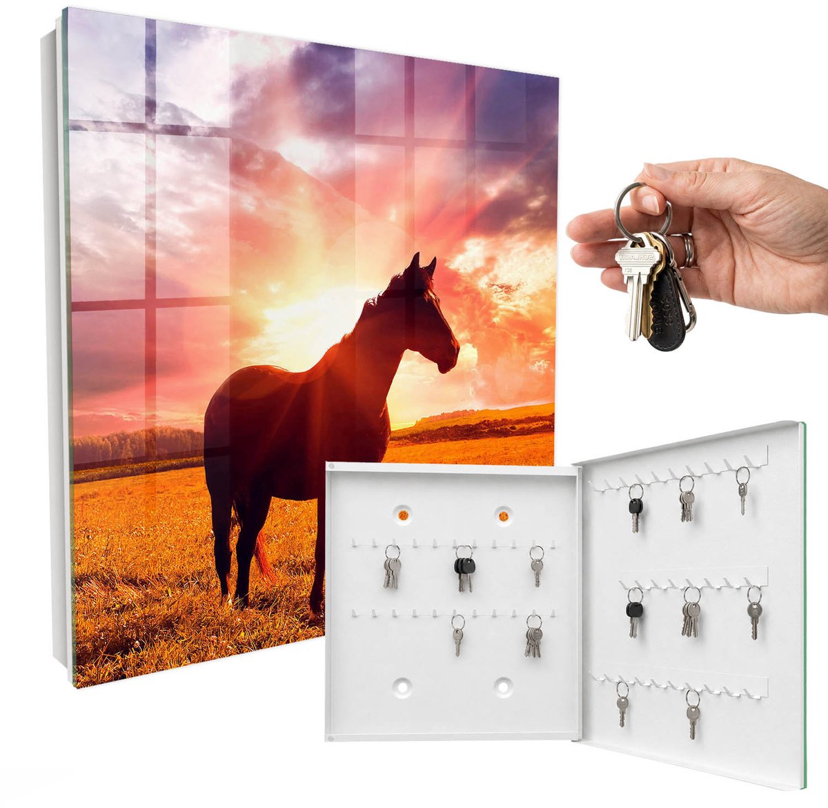 WallMuralia - Sleutelkast - 30x30x5 cm - met 50 haken - Paard In De Zon Sleutelkastje Voor Binnen - Oranje Sleutelbox - Rechtsopenend - Wit interieur