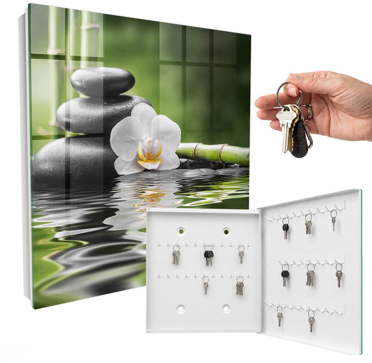 WallMuralia - Sleutelkast - 30x30x5 cm - met 50 haken - Zen-Orchidee Sleutelkastje Modern - Groente Sleutelbox - Rechtsopenend - Wit interieur