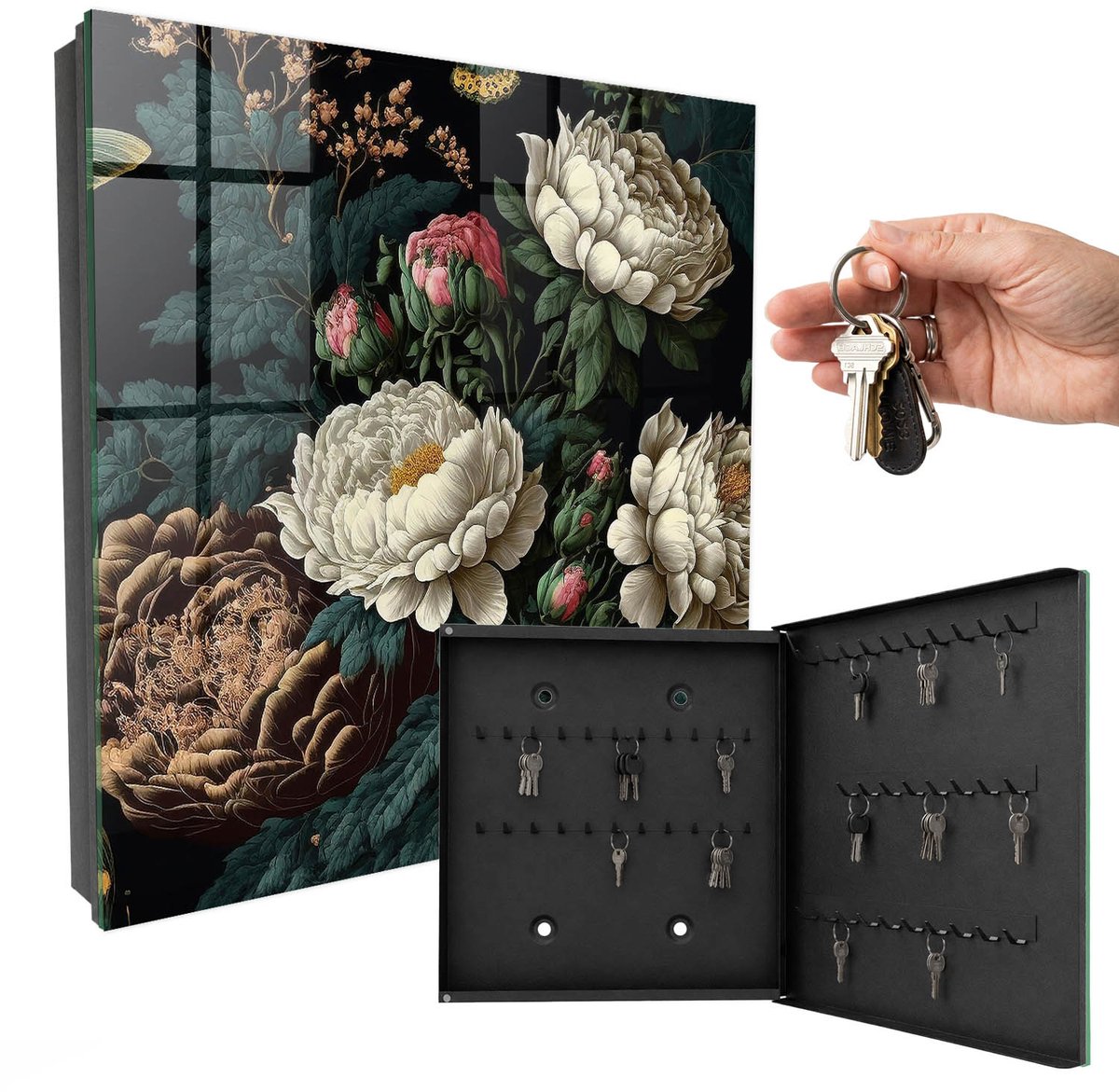 WallMuralia - Sleutelkast - 30x30x5 cm - met 50 haken - Pioenbloemen Sleutelkastje Voor Binnen - Groente Sleutelbox - Rechtsopenend - Zwart interieur