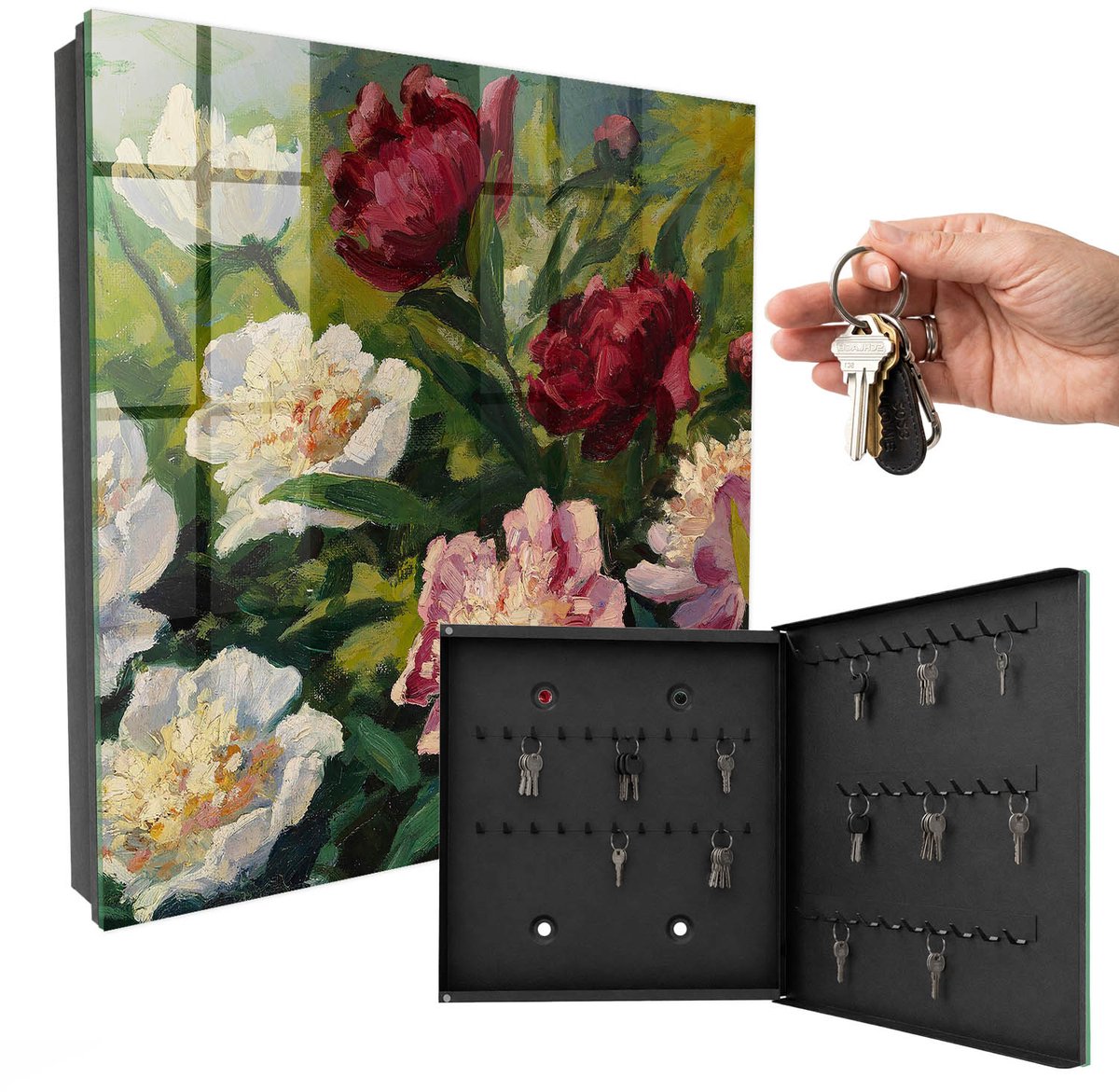WallMuralia - Sleutelkast - 30x30x5 cm - met 50 haken - Kleurrijke Bloemen Sleutelkastje Design - Groente Sleutelbox - Rechtsopenend - Zwart interieur