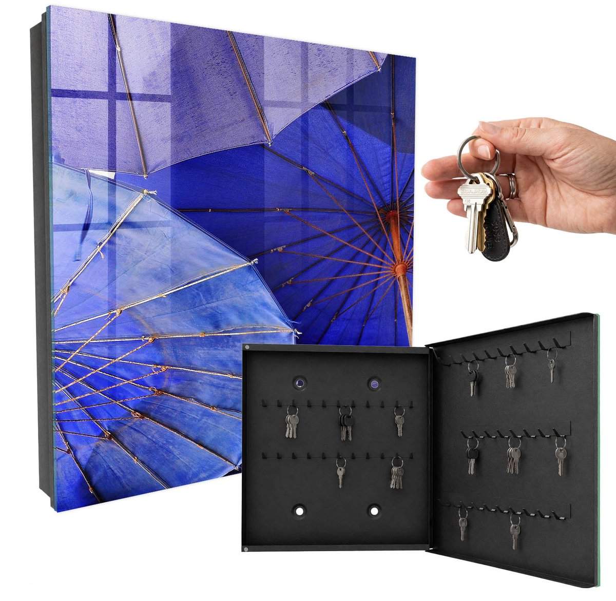 WallMuralia - Sleutelkast - 30x30x5 cm - met 50 haken - Blauwe Paraplu'S Sleutelkastje Klein - Blauw Sleutelbox - Rechtsopenend - Zwart interieur