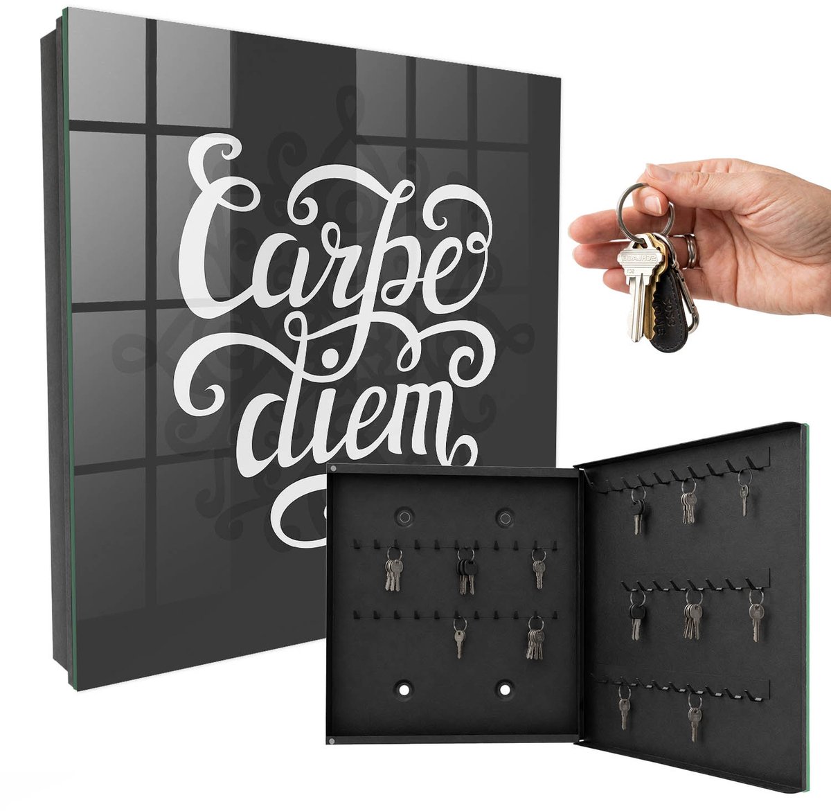 WallMuralia - Sleutelkast - 30x30x5 cm - met 50 haken - Carpe Diem Sleutelkastje Huis - Zwart Sleutelbox - Rechtsopenend - Zwart interieur