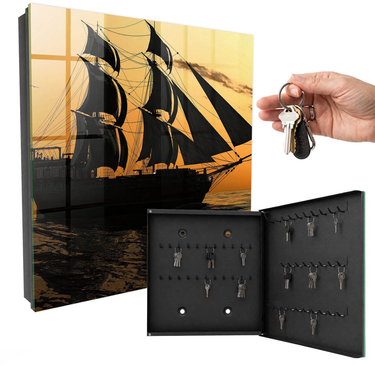 WallMuralia - Sleutelkast - 30x30x5 cm - met 50 haken - Zeeavontuur Sleutelkastje Voor Binnen - Oranje Sleutelbox - Rechtsopenend - Zwart interieur