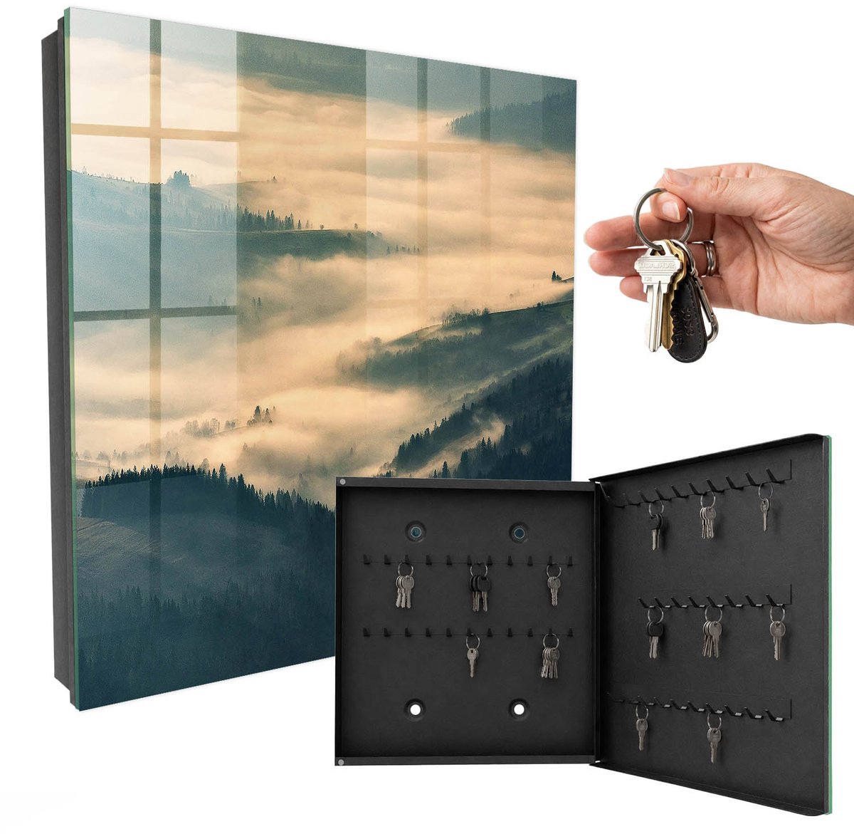 WallMuralia - Sleutelkast - 30x30x5 cm - met 50 haken - Mistige Heuvels Sleutelkastje Gang - Grijs Sleutelbox - Rechtsopenend - Zwart interieur