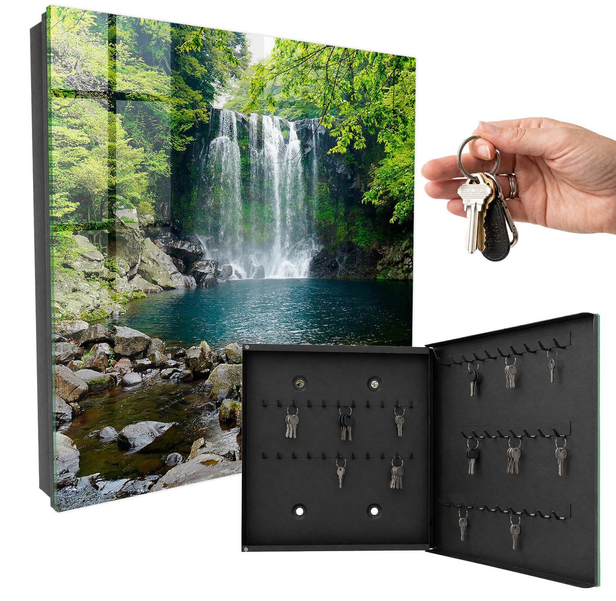 WallMuralia - Sleutelkast - 30x30x5 cm - met 50 haken - Natuurlijke Waterval Sleutelkastje - Groente Sleutelbox - Rechtsopenend - Zwart interieur