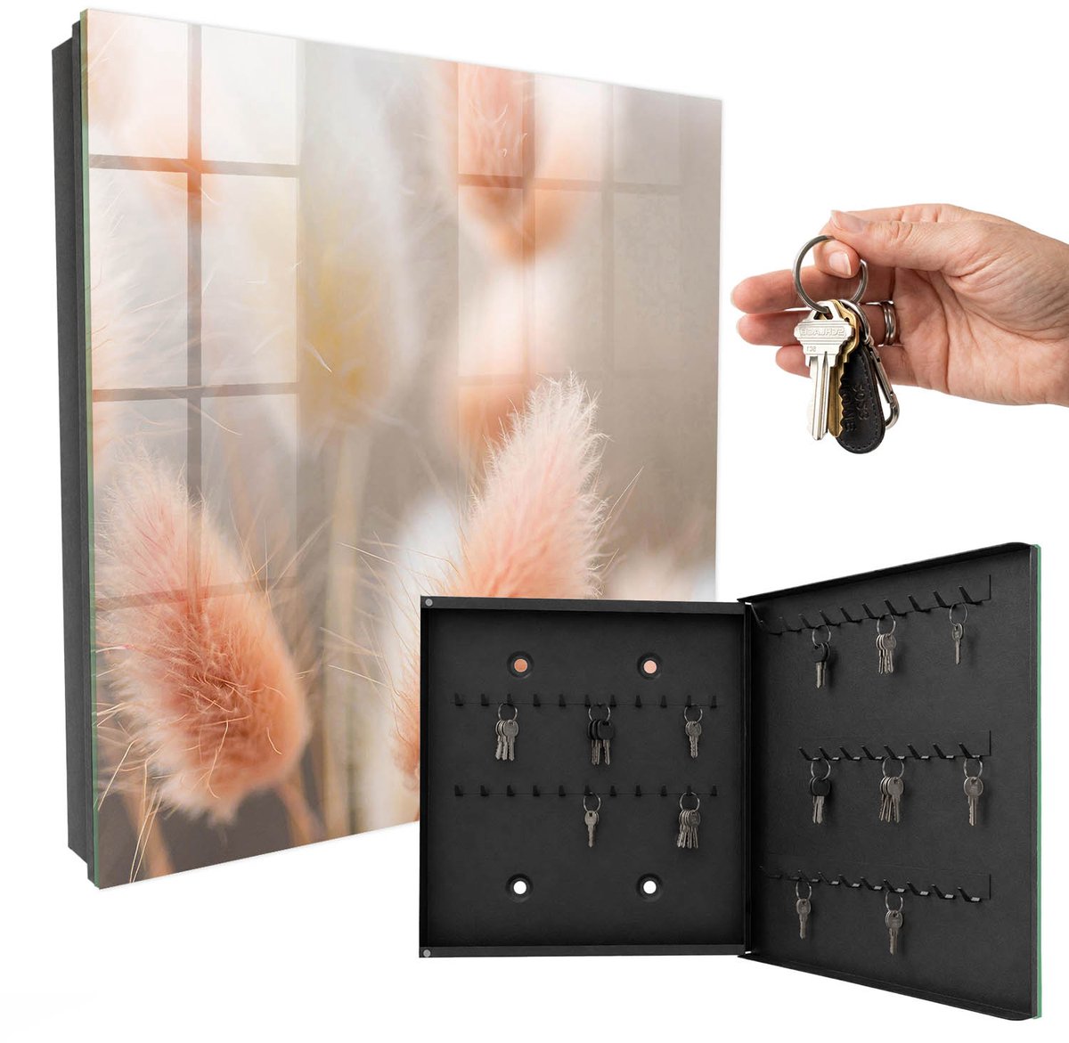 WallMuralia - Sleutelkast - 30x30x5 cm - met 50 haken - De Subtiliteit Van De Natuur Sleutelkastje Industrieel - Beige Sleutelbox - Rechtsopenend - Zwart interieur