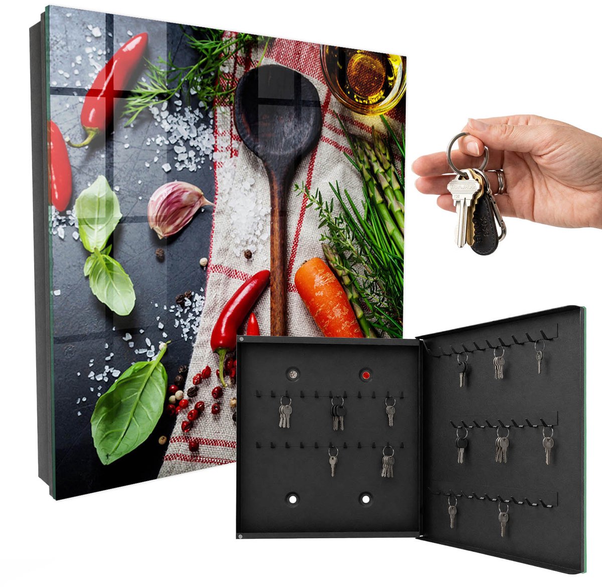 WallMuralia - Sleutelkast - 30x30x5 cm - met 50 haken - Keukeninspiratie Sleutelkastje Muur - Zwart Sleutelbox - Rechtsopenend - Zwart interieur