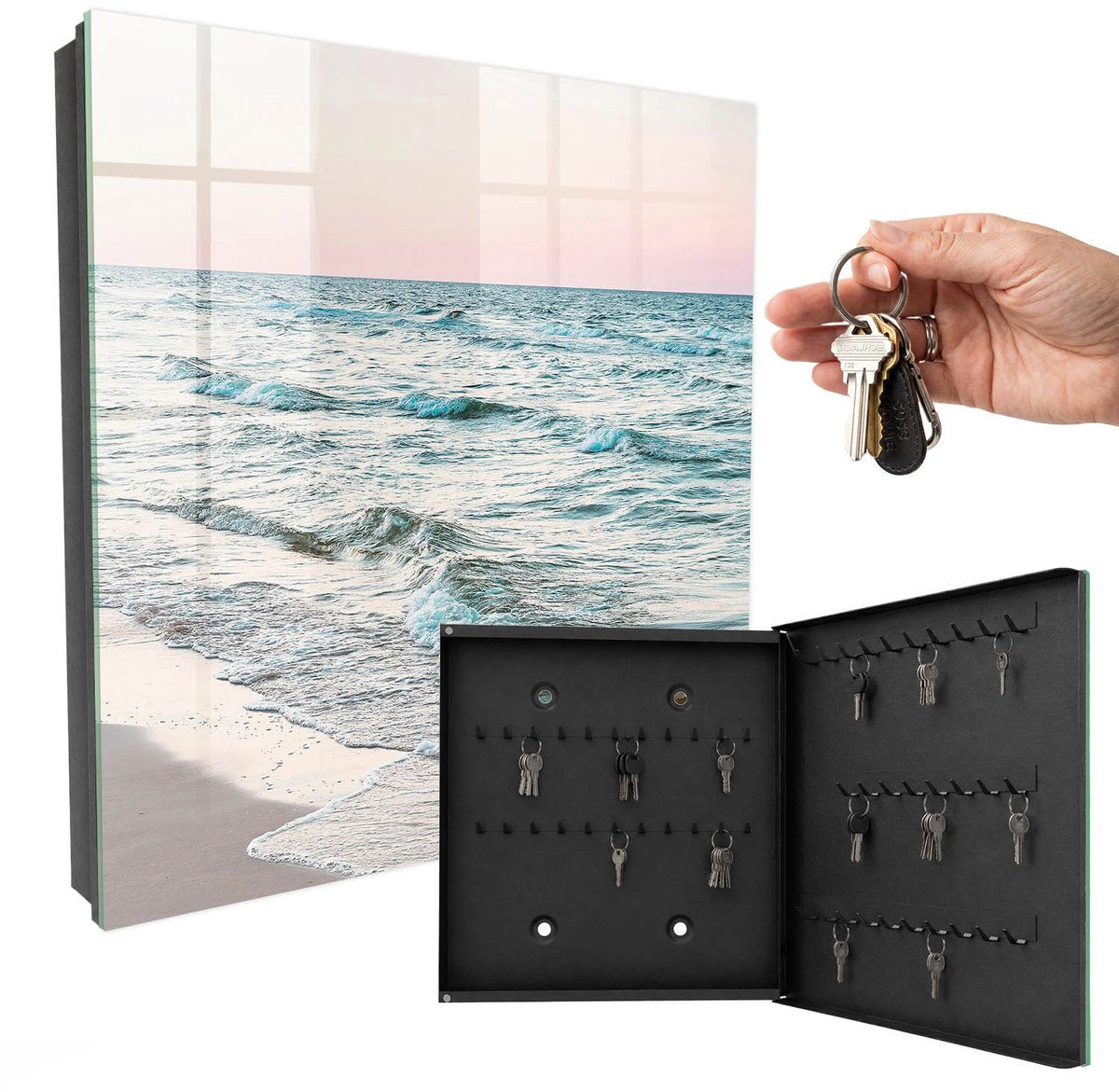 WallMuralia - Sleutelkast - 30x30x5 cm - met 50 haken - Zeegolven Sleutelkastje Binnen - Blauw Sleutelbox - Rechtsopenend - Zwart interieur