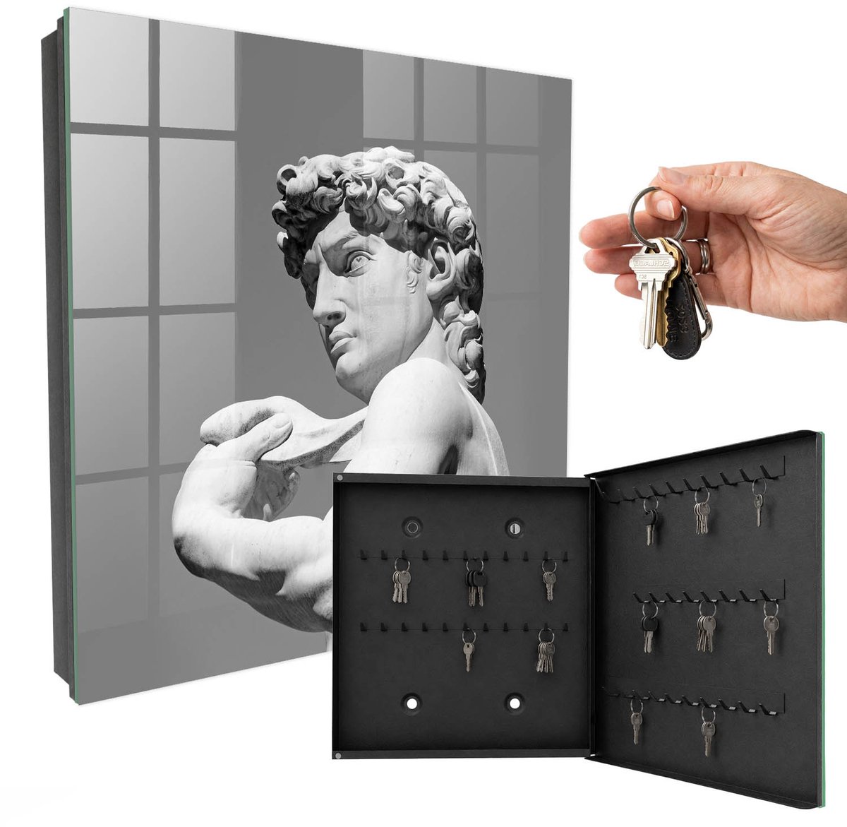 WallMuralia - Sleutelkast - 30x30x5 cm - met 50 haken - Klassieke Elegantie Sleutelkastje Hal - Grijs Sleutelbox - Rechtsopenend - Zwart interieur