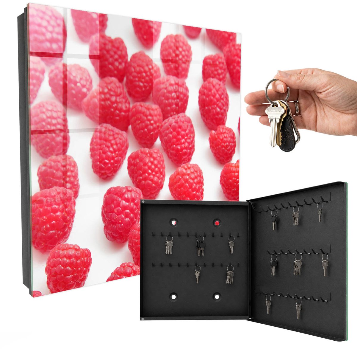 WallMuralia - Sleutelkast - 30x30x5 cm - met 50 haken - Roze Frambozen Sleutelkastje Klein - Roze Sleutelbox - Rechtsopenend - Zwart interieur