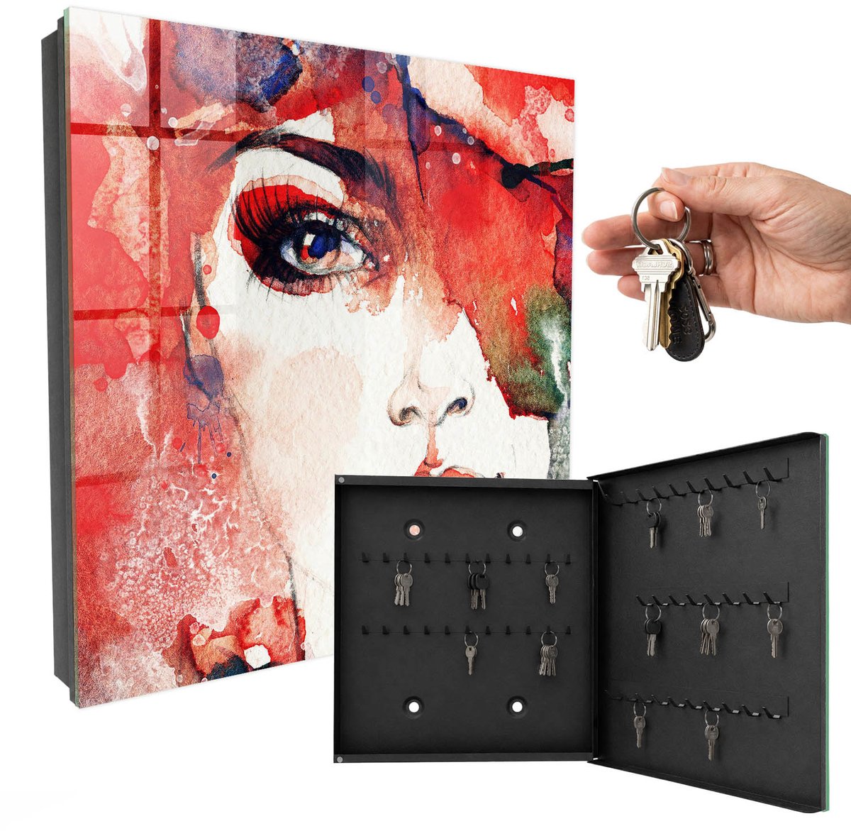 WallMuralia - Sleutelkast - 30x30x5 cm - met 50 haken - Portret Van Een Vrouw Sleutelkastje Modern - Rood Sleutelbox - Rechtsopenend - Zwart interieur