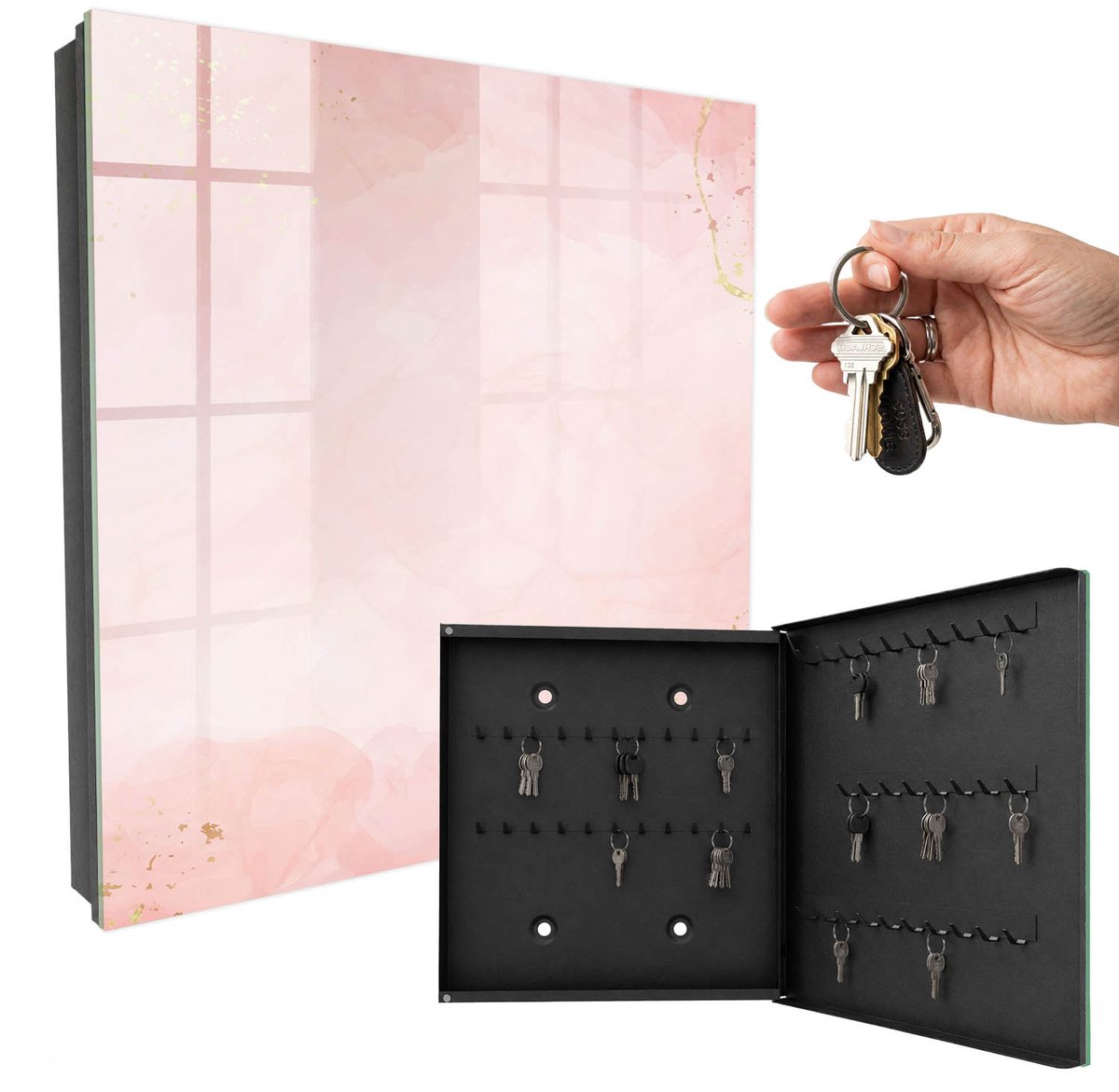 WallMuralia - Sleutelkast - 30x30x5 cm - met 50 haken - Pastel Elegantie Sleutelkastje Muur - Roze Sleutelbox - Rechtsopenend - Zwart interieur