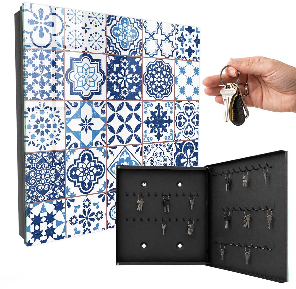 WallMuralia - Sleutelkast - 30x30x5 cm - met 50 haken - Blauwe Tegels Sleutelkastje Gang - Blauw Sleutelbox - Rechtsopenend - Zwart interieur