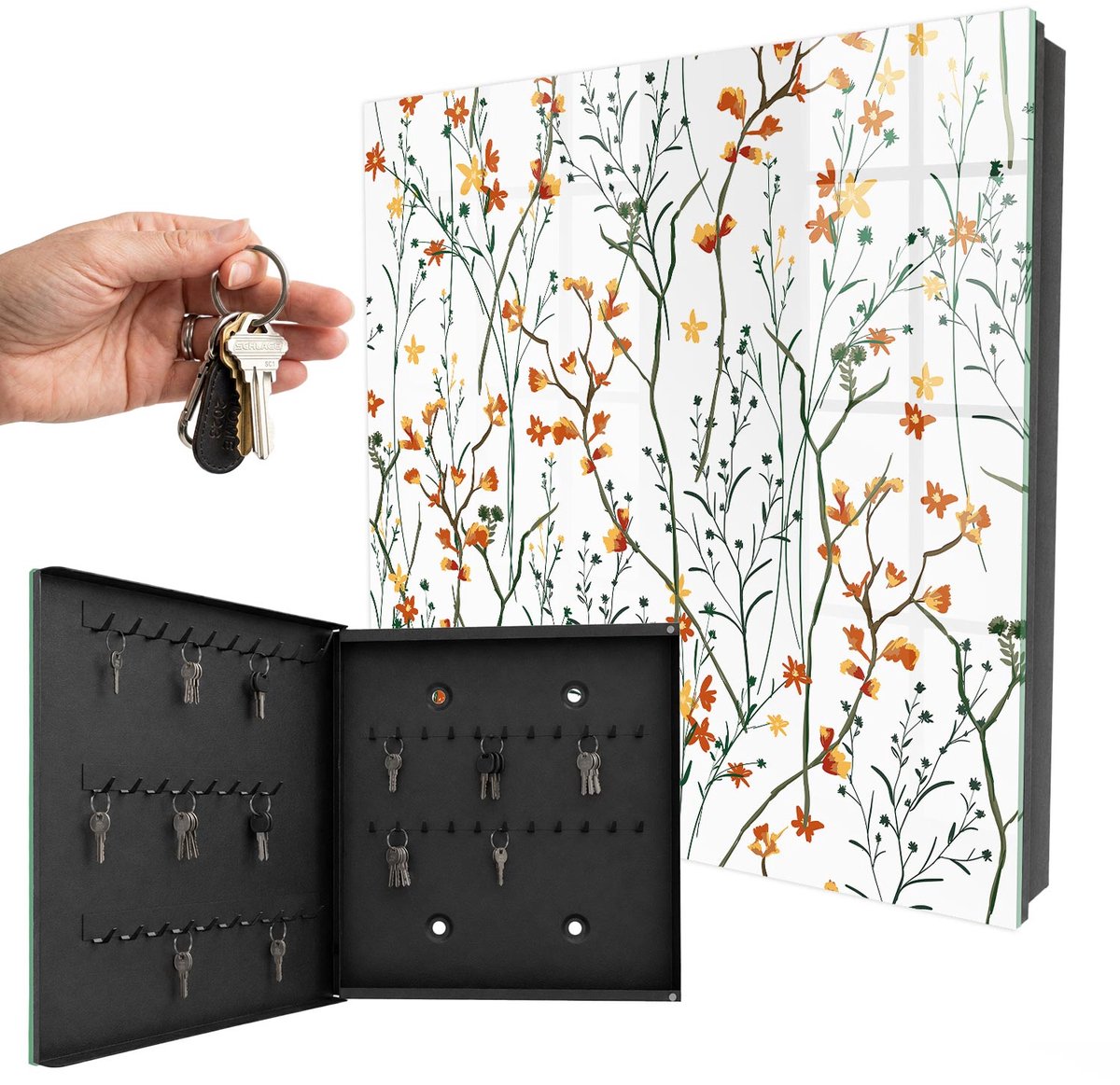 WallMuralia - Sleutelkast - 30x30x5 cm - met 50 haken - Bloemenpatroon Sleutelkastje Landelijk - Wit Sleutelbox - Linksopenend - Zwart interieur