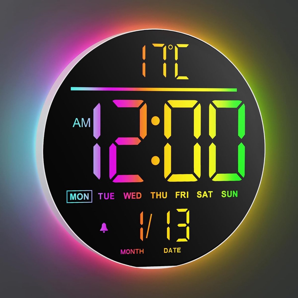 Grote Digitale Wandklok met Afstandsbediening, 8 RGB Kleuren, Automatische Helderheid, Temperatuur en Alarm voor Woonkamer, Slaapkamer en Keuken Decoratie